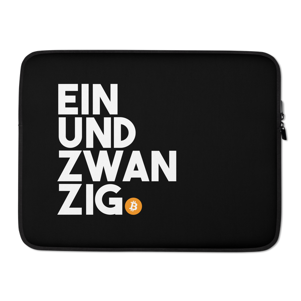 Einundzwanzig bitcoin laptop sleeve, front view: EIN UND ZWAN ZIG set in heavy black type across four lines on white, closed by an orange bitcoin coin, printed across the sleeve.