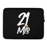 21 Million bitcoin laptop sleeve, front view: 21 Mio. in large white brush lettering on black, the dot replaced by a small orange bitcoin coin, printed across the sleeve.