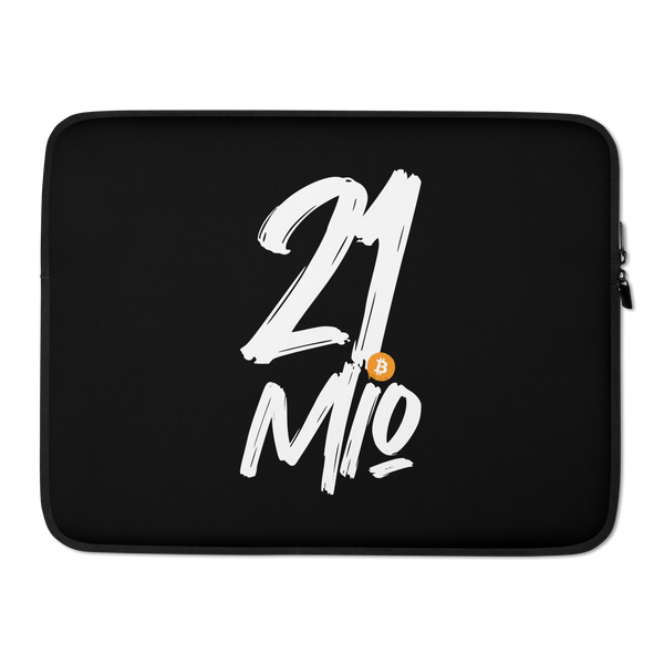 Front view of a black 15 inch bitcoin laptop sleeve.