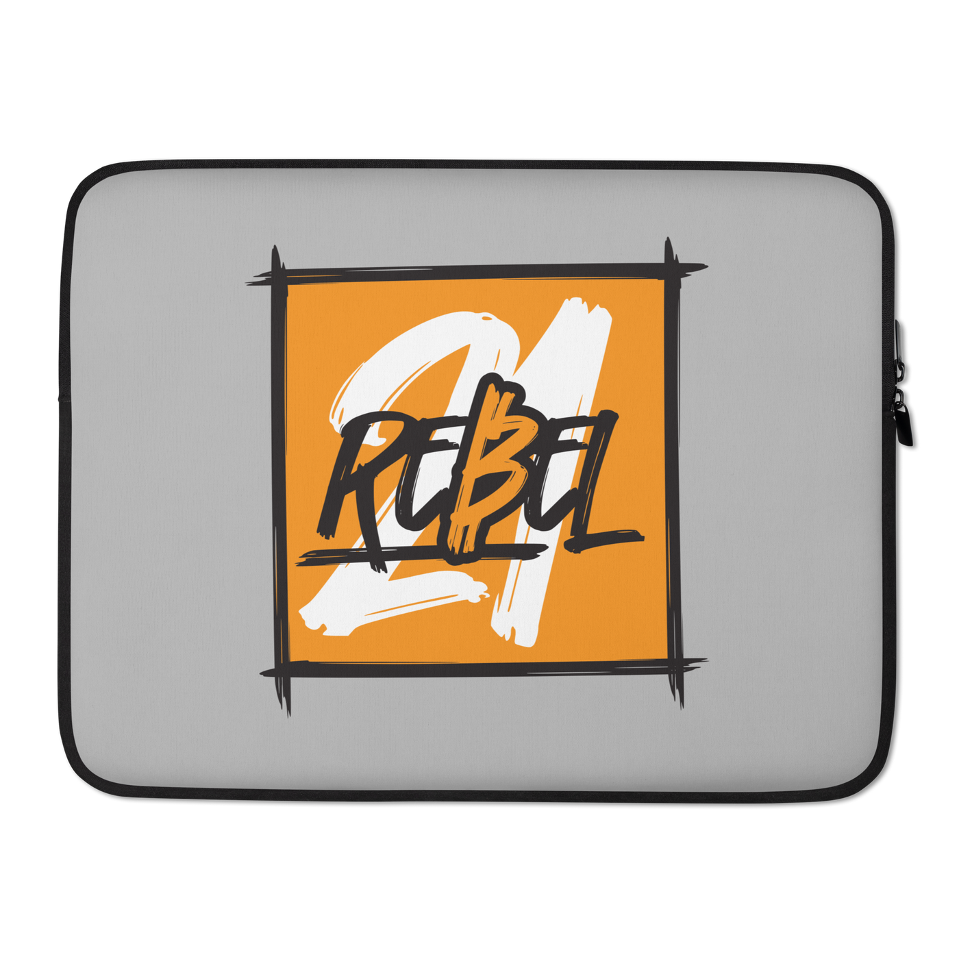 21 Rebel bitcoin laptop sleeve, front view: an orange panel on grey inside a black brush frame, carrying a white brush 21 with REBEL across it in black, printed across the sleeve.
