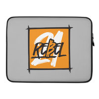 21 Rebel bitcoin laptop sleeve, front view: an orange panel on grey inside a black brush frame, carrying a white brush 21 with REBEL across it in black, printed across the sleeve.