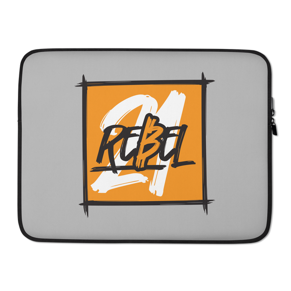 21 Rebel bitcoin laptop sleeve, front view: an orange panel on grey inside a black brush frame, carrying a white brush 21 with REBEL across it in black, printed across the sleeve.