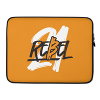 21 Rebel Orange bitcoin laptop sleeve, front view: a broad white brush 21 on orange with REBEL written across it in black brush lettering, printed edge to edge, printed across the sleeve.