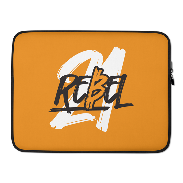 21 Rebel Orange bitcoin laptop sleeve, front view: a broad white brush 21 on orange with REBEL written across it in black brush lettering, printed edge to edge, printed across the sleeve.