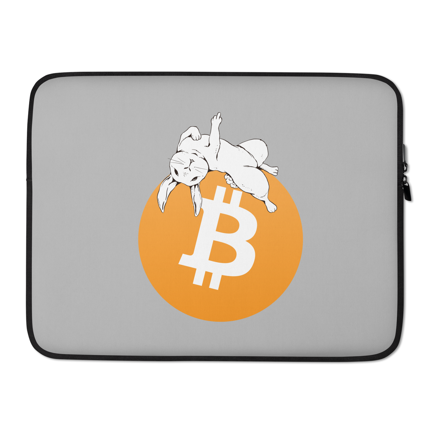F*** Fiat Money bitcoin laptop sleeve, front view: a white rabbit lounging across a large orange bitcoin circle on white, printed across the sleeve.