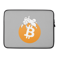 F*** Fiat Money bitcoin laptop sleeve, front view: a white rabbit lounging across a large orange bitcoin circle on white, printed across the sleeve.