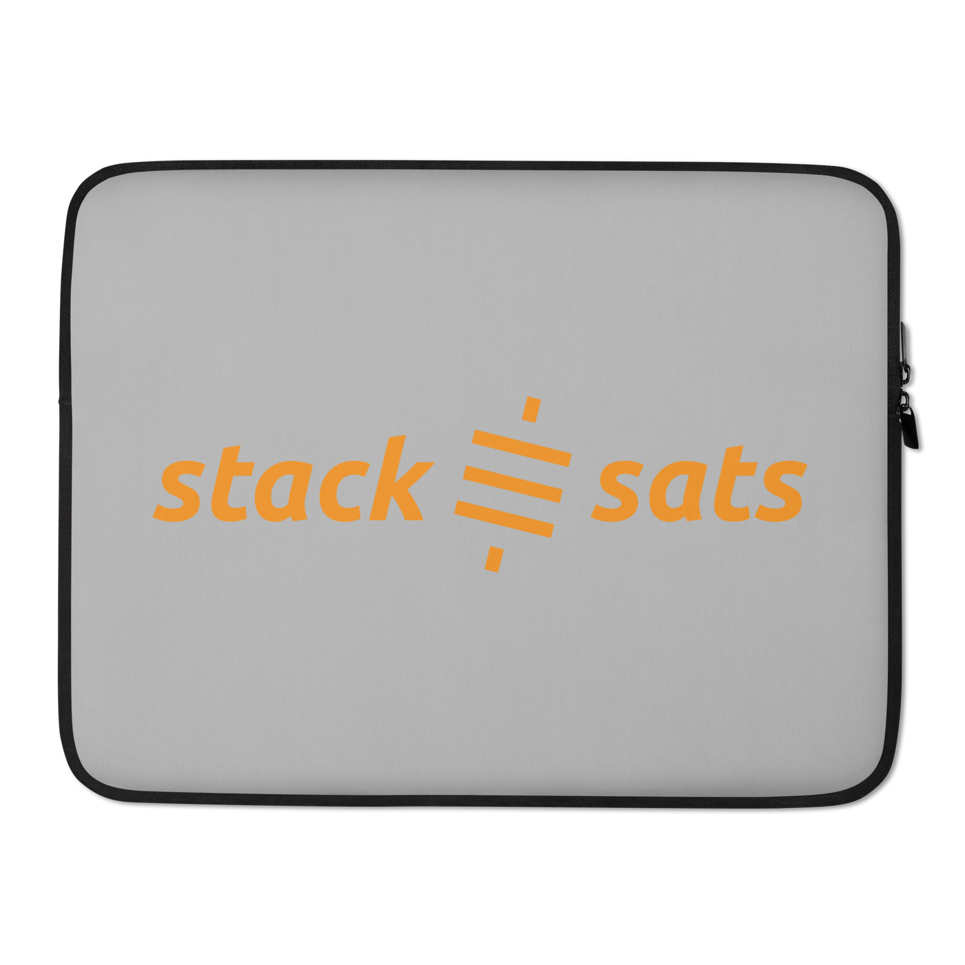 Stack Sats bitcoin laptop sleeve, front view: stack sats in lowercase orange type on grey, split by the orange sats symbol, printed across the sleeve.