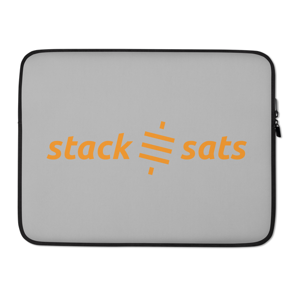 Stack Sats bitcoin laptop sleeve, front view: stack sats in lowercase orange type on grey, split by the orange sats symbol, printed across the sleeve.