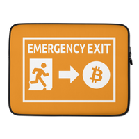 Emergency Exit bitcoin laptop sleeve, front view: an emergency exit sign in orange and white, the running figure heading through the doorway and an arrow pointing to a bitcoin coin, printed across the sleeve.