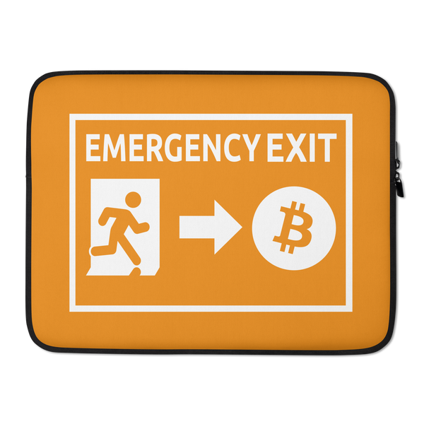Emergency Exit bitcoin laptop sleeve, front view: an emergency exit sign in orange and white, the running figure heading through the doorway and an arrow pointing to a bitcoin coin, printed across the sleeve.
