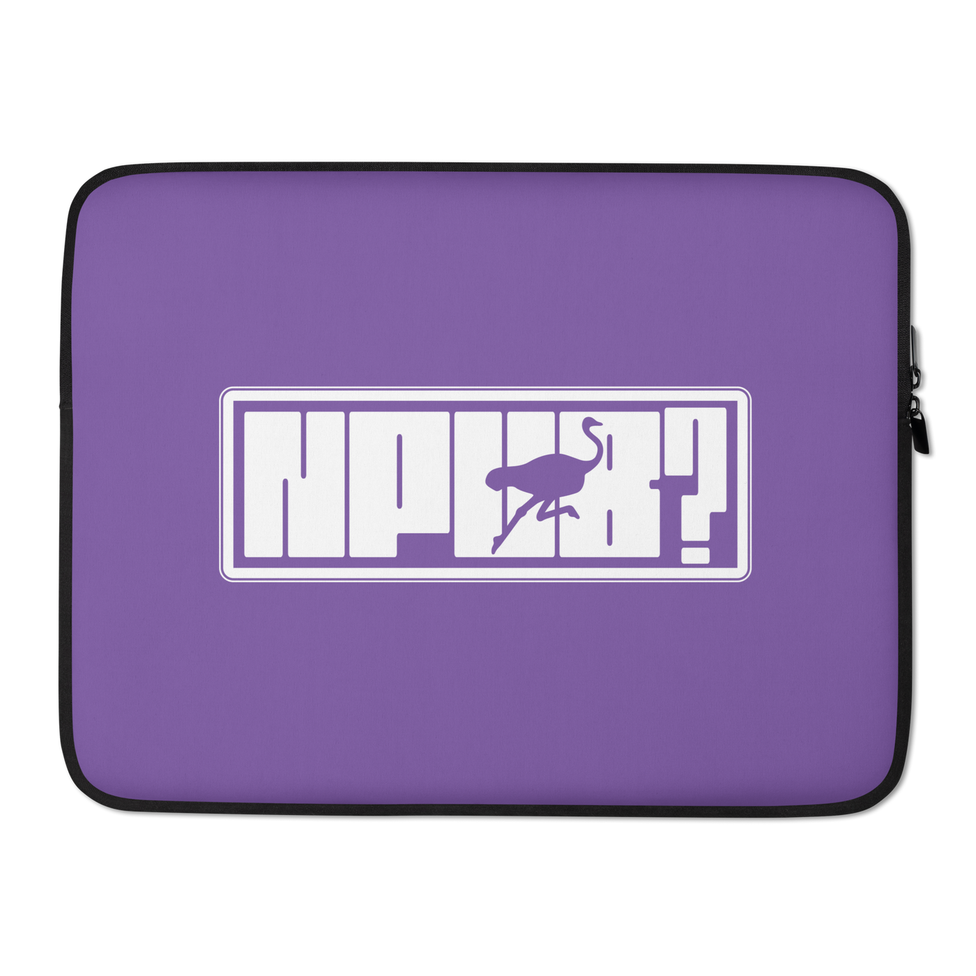 nPub? nostr laptop sleeve, front view: nPub? in white block letters inside an outlined box on purple, the letter u formed by an ostrich silhouette, printed across the sleeve.
