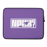 nPub? nostr laptop sleeve, front view: nPub? in white block letters inside an outlined box on purple, the letter u formed by an ostrich silhouette, printed across the sleeve.