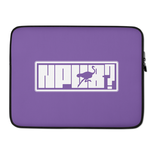 nPub? nostr laptop sleeve, front view: nPub? in white block letters inside an outlined box on purple, the letter u formed by an ostrich silhouette, printed across the sleeve.