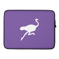 Nostrich nostr laptop sleeve, front view: a white running ostrich silhouette on purple, printed across the sleeve.