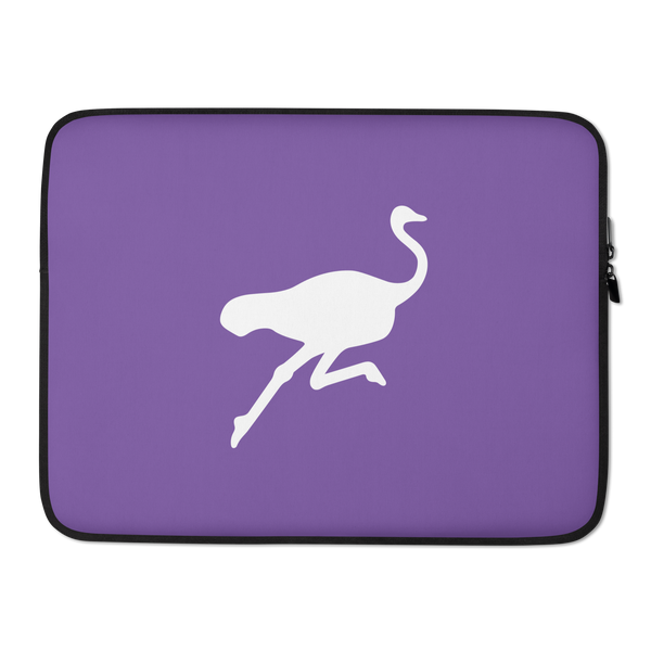 Nostrich nostr laptop sleeve, front view: a white running ostrich silhouette on purple, printed across the sleeve.