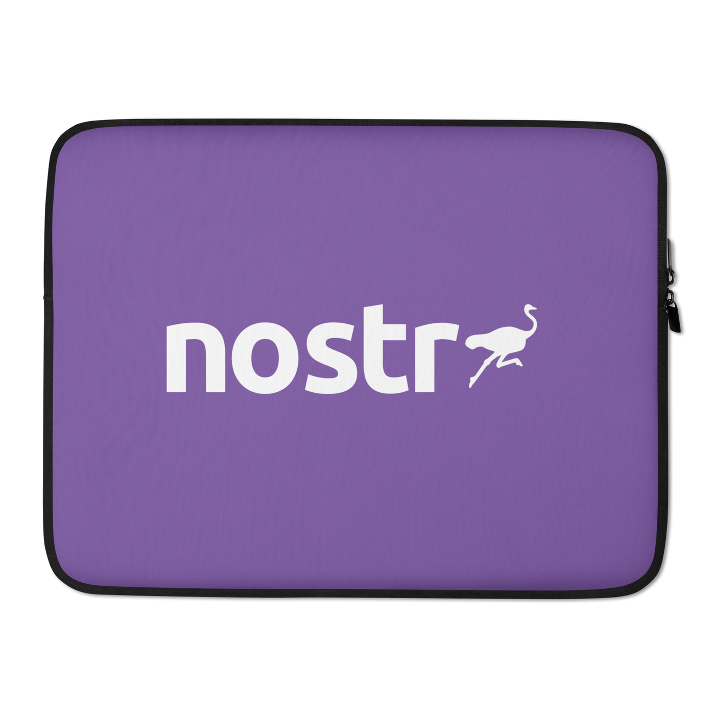Nostr laptop sleeve, front view: a white running ostrich above the lowercase nostr wordmark on purple, printed across the sleeve.