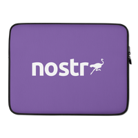 Nostr laptop sleeve, front view: a white running ostrich above the lowercase nostr wordmark on purple, printed across the sleeve.