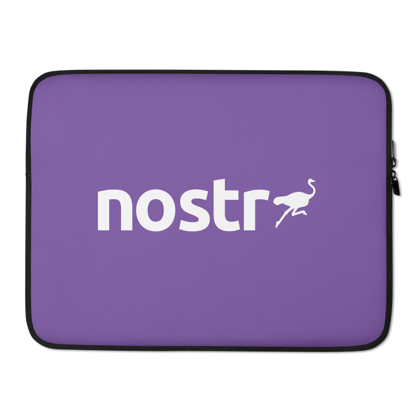 Nostr laptop sleeve, front view: a white running ostrich above the lowercase nostr wordmark on purple, printed across the sleeve.