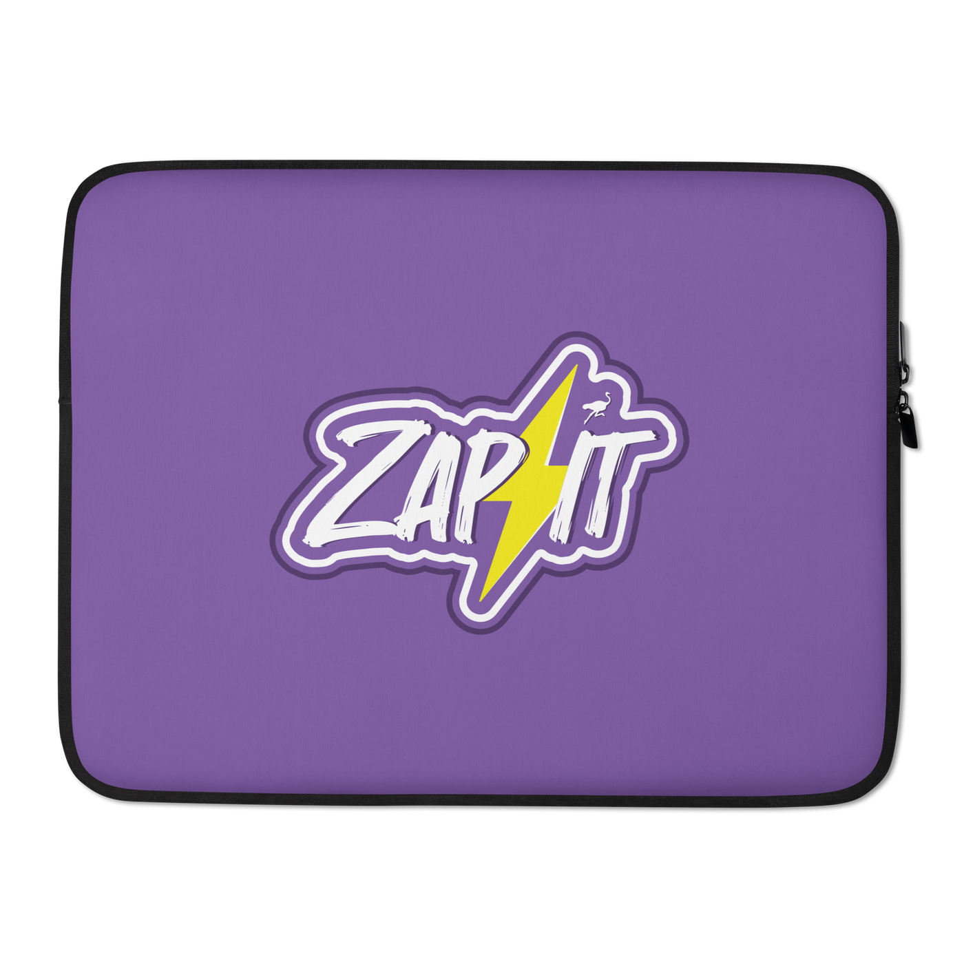 Zap It nostr laptop sleeve, front view: ZAP IT in white brush lettering on purple, split by a yellow lightning bolt with a small ostrich perched on it, printed across the sleeve.
