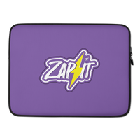 Zap It nostr laptop sleeve, front view: ZAP IT in white brush lettering on purple, split by a yellow lightning bolt with a small ostrich perched on it, printed across the sleeve.