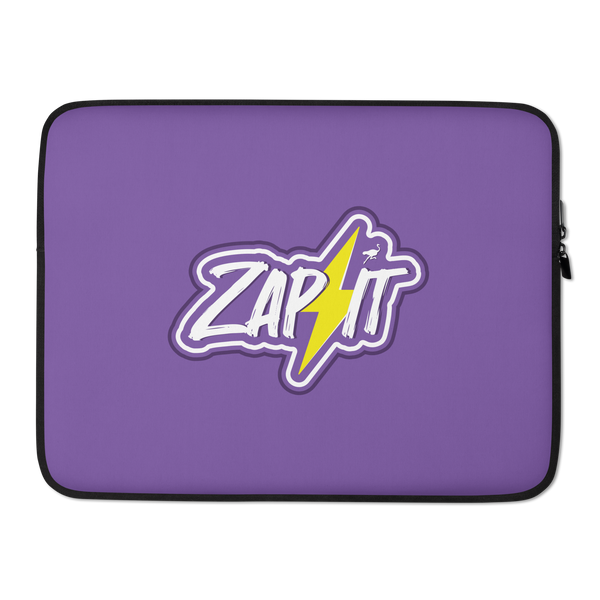 Zap It nostr laptop sleeve, front view: ZAP IT in white brush lettering on purple, split by a yellow lightning bolt with a small ostrich perched on it, printed across the sleeve.