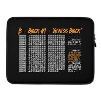 Genesis Block bitcoin laptop sleeve, front view: the headline Block #1 Genesis Block in orange above the raw hex dump of the first bitcoin block, the embedded Times headline picked out in orange, printed across the sleeve.