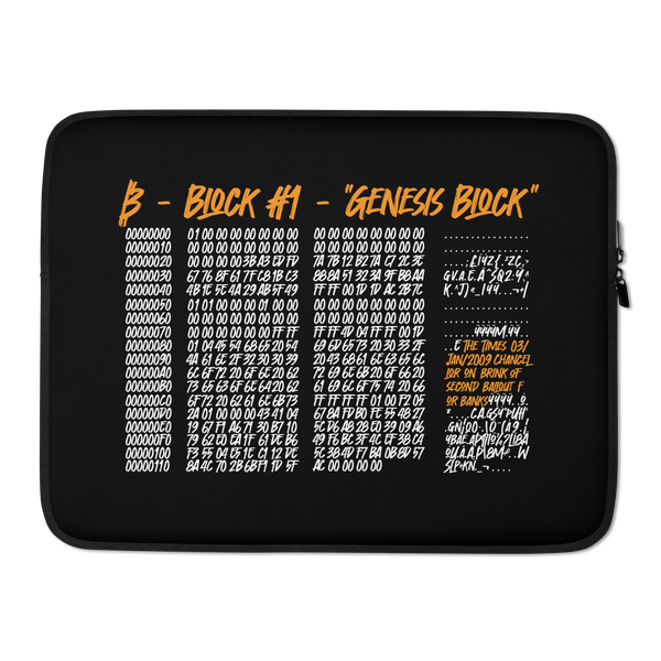 Genesis Block bitcoin laptop sleeve, front view: the headline Block #1 Genesis Block in orange above the raw hex dump of the first bitcoin block, the embedded Times headline picked out in orange, printed across the sleeve.