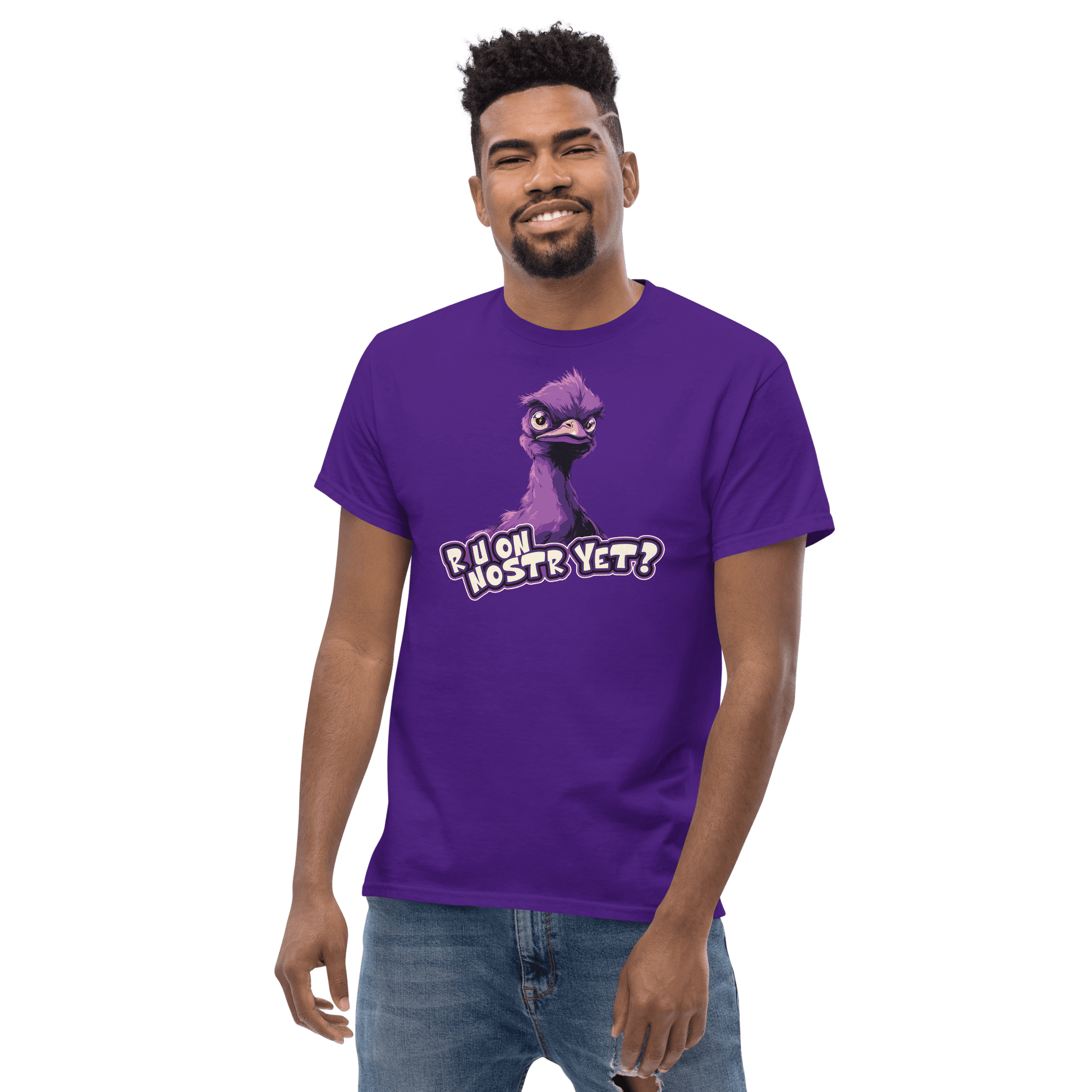 Front view of a guy wearing a purple nostr shirt.