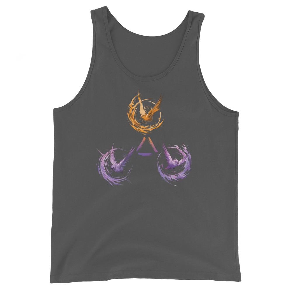 Front view of a asphalt colored bitcoin tank top.