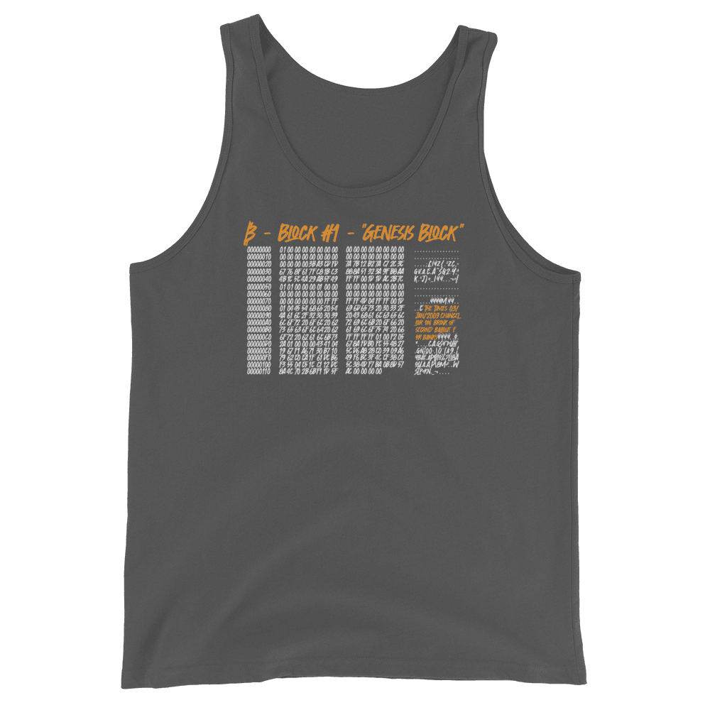 Front view on an asphalt colored bitcoin tank top.