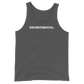 Front view of an asphalt colored bitcoin tank top.