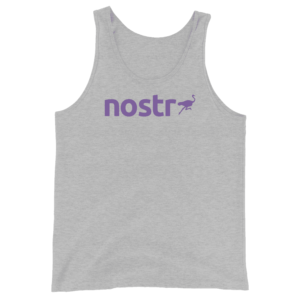 Front view of a athletic heather nostr tank top.