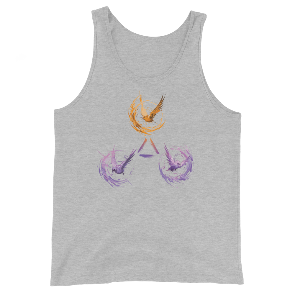 Front view of a athletic heather bitcoin tank top.