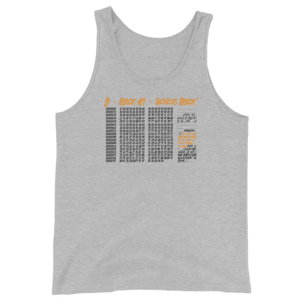 Front view of an athlethic heather grey colored bitcoin tank top.