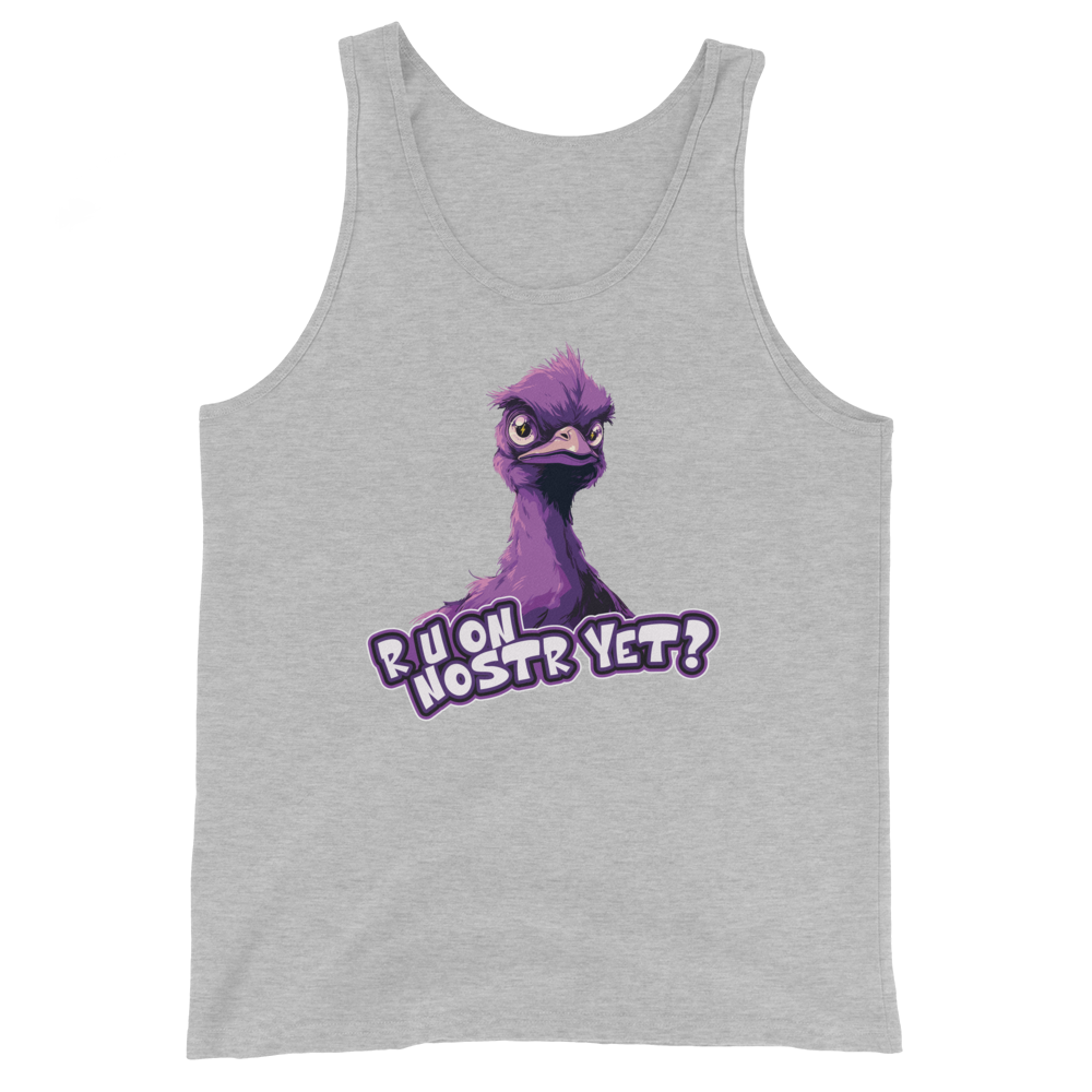 Front view of a athletic heather nostr tank top.