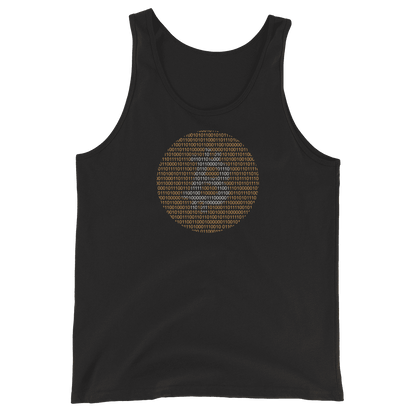 Front view of a black bitcoin tank top.