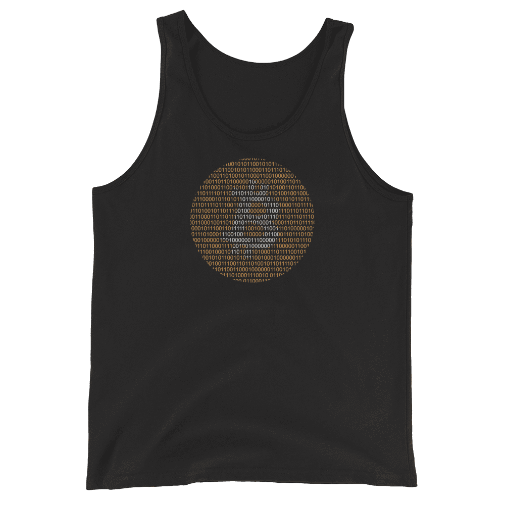 Front view of a black bitcoin tank top.