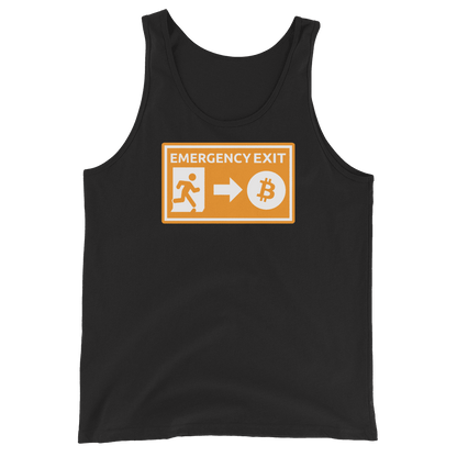 Front view of a black bitcoin tank top.