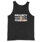 Front view of a charcoal black bitcoin tank top.