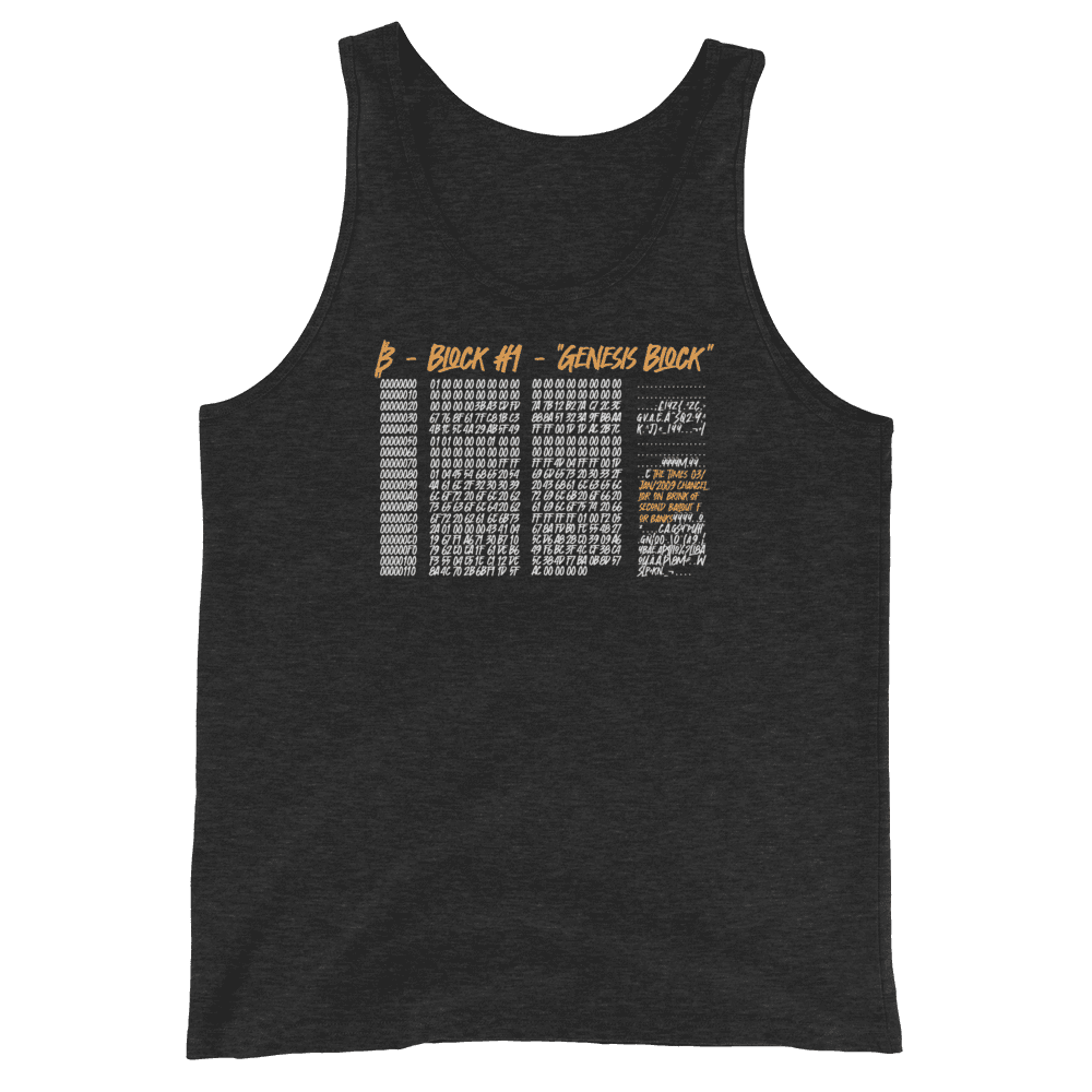 Front view of a charcoal black bitcoin tank top.