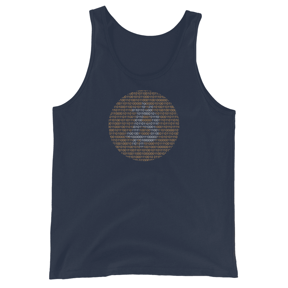 Front view of a navy colored bitcoin tank top.