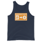 Front view of a navy colored bitcoin tank top.