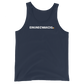 Front view of a navy colored bitcoin tank top.