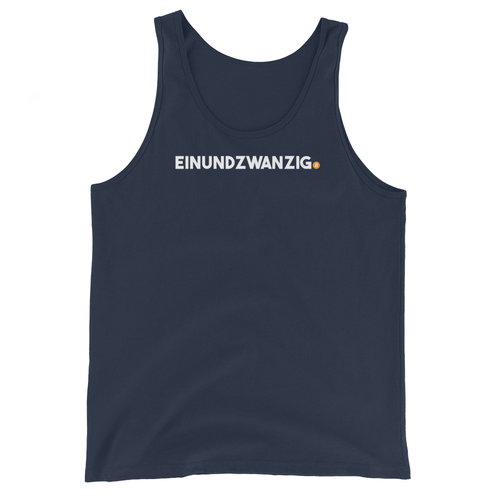 Front view of a navy colored bitcoin tank top.