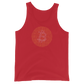 Front view of a red bitcoin tank top.