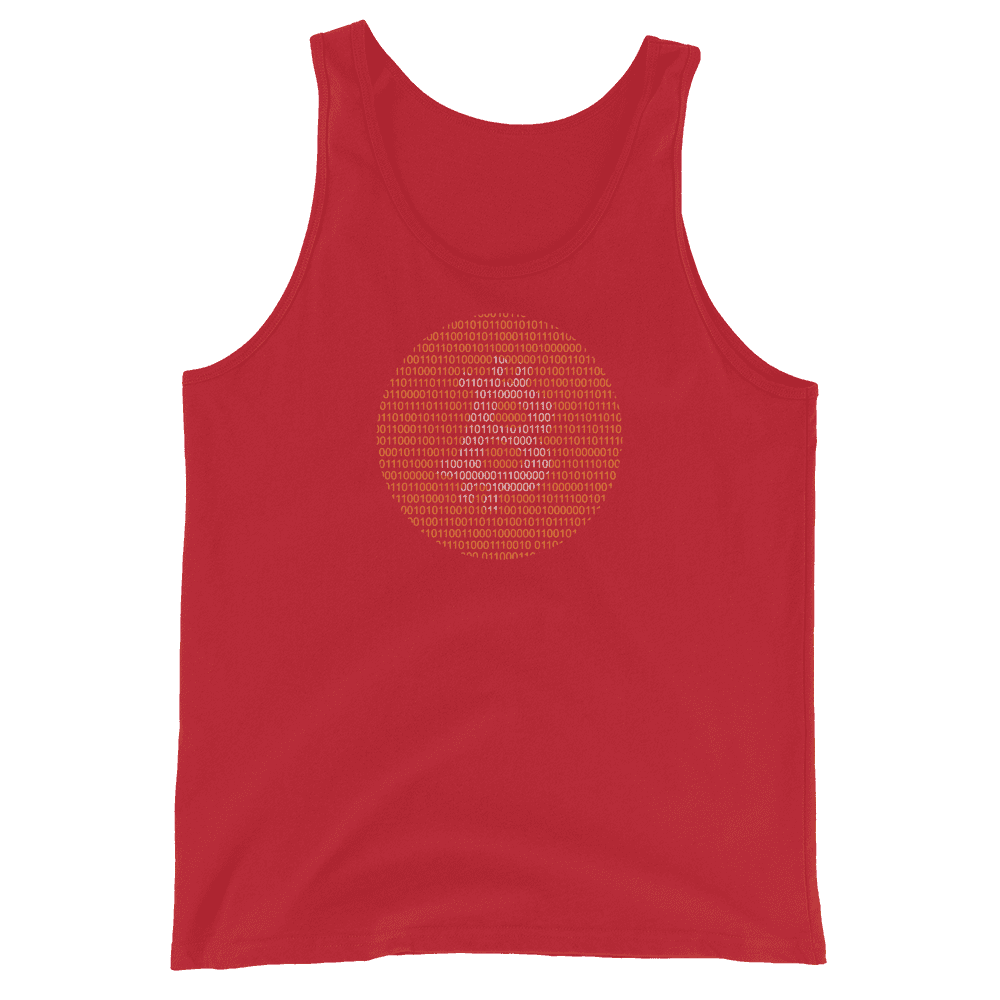 Front view of a red bitcoin tank top.