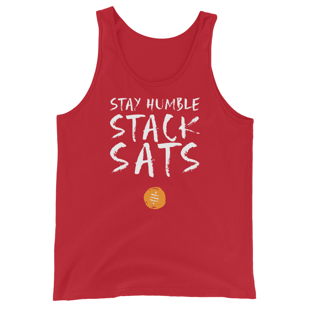 Front view of a red bitcoin tank top.