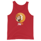 Front view of a red bitcoin tank top.