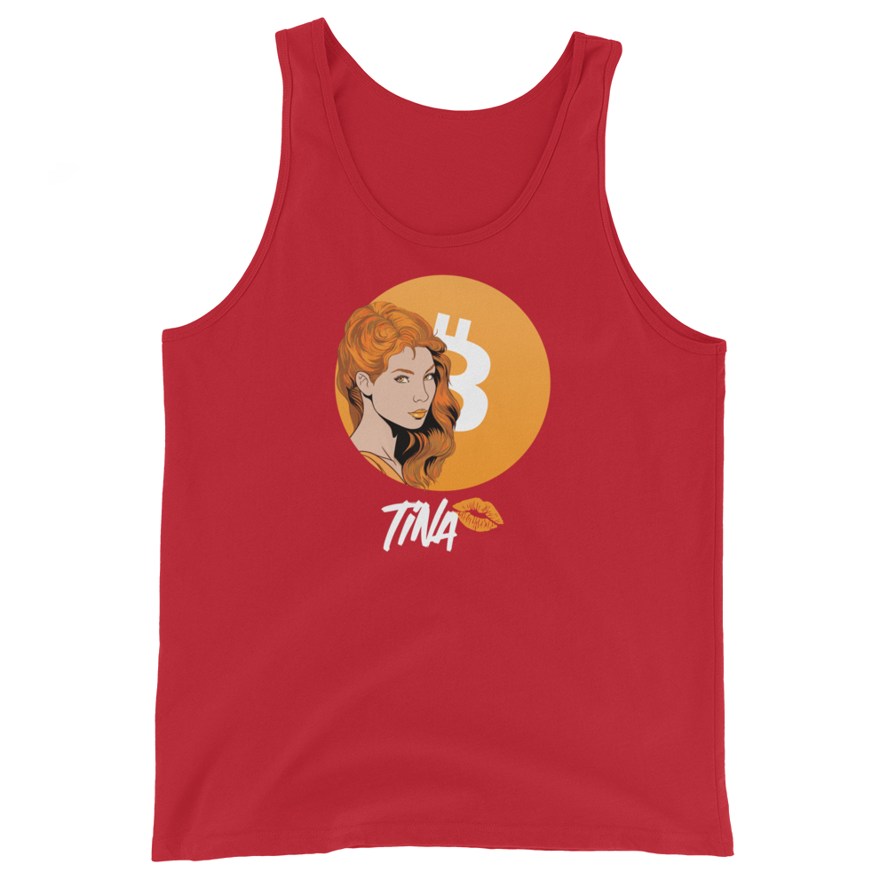 Front view of a red bitcoin tank top.