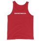 Front view of a red bitcoin tank top.